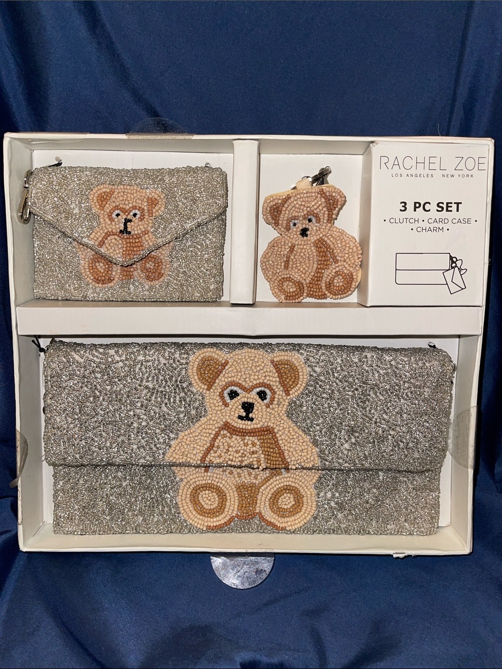 Rachel Zoe Silver Beaded Teddy 3-Piece Clutch Set